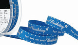 R7745 15mm Royal Blue Rustic Taffeta Printed Ribbon. Birthday Message