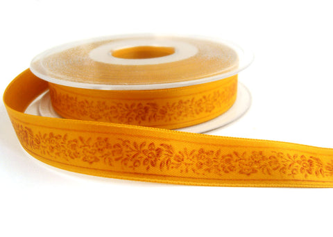 R7786 16mm Tonal Dark Gold Satin Ribbon with a Flowery Design