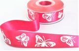 R7956 27mm Pink Satin with White Embossed Butterfly Ribbon, Berisfords