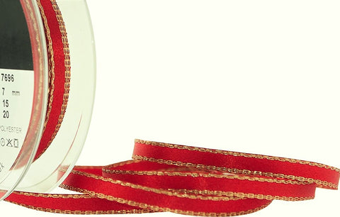 R8415 7mm Red Double Satin Ribbon, Metallic Gold Edge by Berisfords