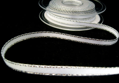 R8500 7mm White Double Face Satin Ribbon with Metallic Silver Edges