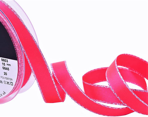 R8610C 15mm Flo Pink Metallic Silver Edge Satin Ribbon by Berisfords