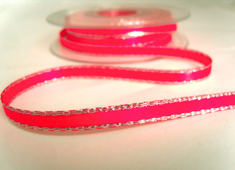 R8678 3mm Fluorescent Pink Double Face Satin Ribbon, Metallic Silver Edge