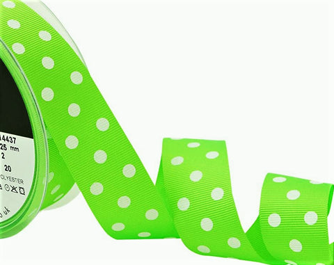 R8657 26mm Fluorescent Green Polka Dot Spotty Grosgrain Ribbon, Berisfords