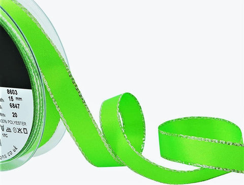 R8670 15mm Flo Green Metallic Silver Edge Satin Ribbon by Berisfords