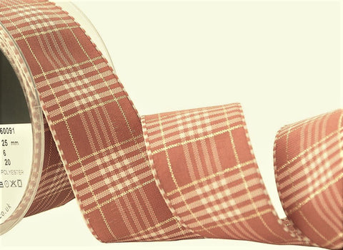 R8687 25mm Dusky Pink Vintage Style Rustic Plaid Ribbon by Berisfords