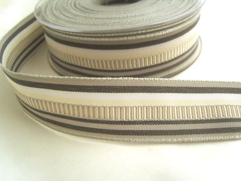 R8695 25mm Grey, Black, Cream, Metallic Silver Stripe Ribbon, Banded Centre