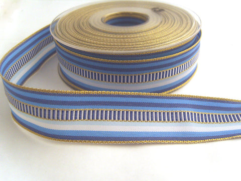 R8696 25mm Blues, White and Metallic Gold Stripe Ribbon, Banded Centre