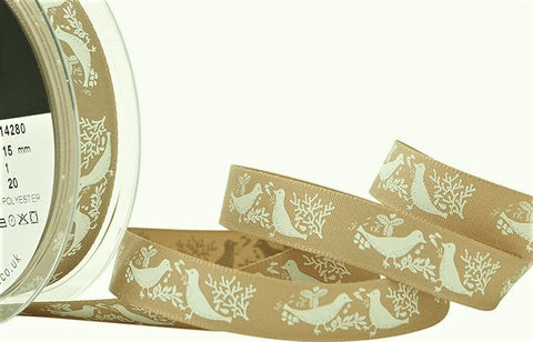 R8721 15mm Oatmeal Rustic Taffeta Christmas Dove Ribbon, Berisfords