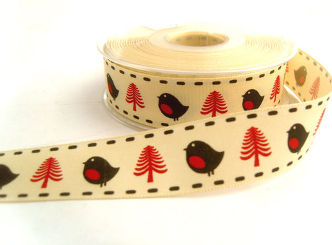 R8730 25mm Cream,Red and Black,Robin and Christams Tree Ribbon,Berisfords