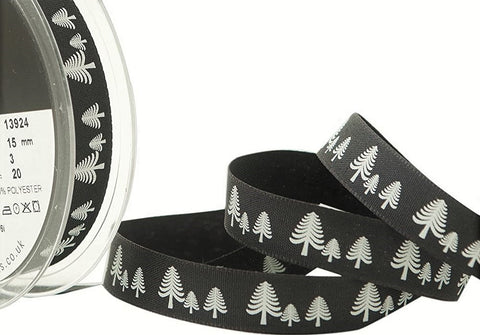 R8737 15mm Charcoal Festive Forest Printed Rustic Taffeta Ribbon,Berisfords