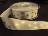 R8749 15mm Silver Grey Satin Ribbon with Metallic Snowflake Design by Berisfords