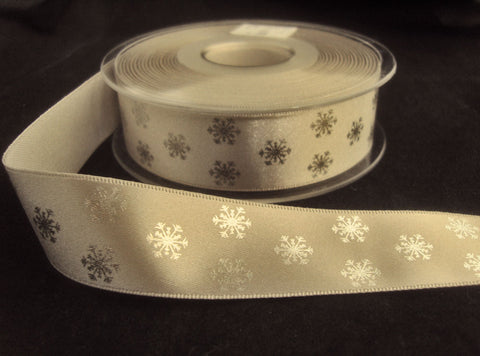 R8748 25mm Silver Grey Satin Ribbon with Metallic Snowflake Design by Berisfords