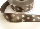 R8765 25mm Grey Satin Ribbon with Metallic Snowflake Design by Berisfords