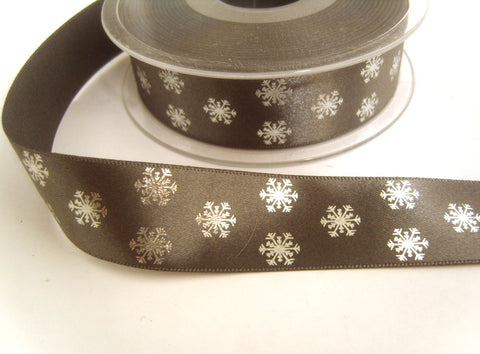 R8765 25mm Grey Satin Ribbon with Metallic Snowflake Design by Berisfords