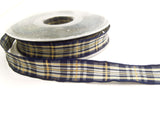 R8852 15mm Blues and Grey Tartan Ribbon with Thin Metallic Gold Stripes