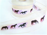 R9011 50mm White Sheer Ribbon, Silver Edge, Satin Centre Horses Print.