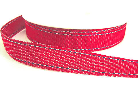 R9105 16mm Red Woven Ribbon with Navy-White Stitch Edges, Berisfords