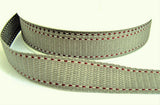 R9106 16mm Grey Woven Ribbon with Burgundy-White Stitch, Berisfords