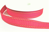 R9107 16mm Pink Woven Ribbon with Yellow-White Stitch Edge, Berisfords
