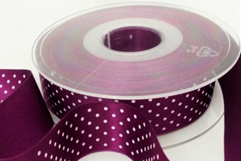 R9296 25mm Plum Satin Ribbon with White Micro Polka Dot Spot Design