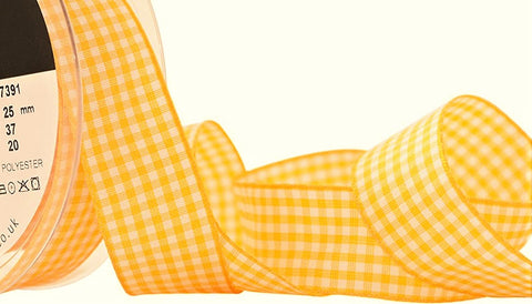 R9347 25mm Gold Yellow-White Polyester Gingham Ribbon by Berisfords