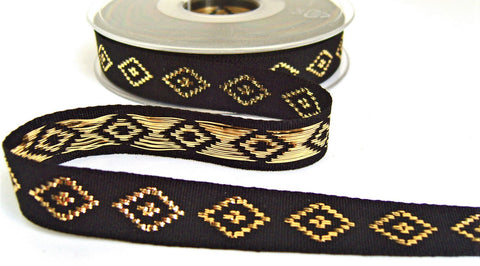 R9453 15mm Black Taffeta Ribbon with Gold Metallic Diamonds, Berisfords