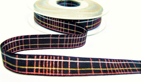 R9476 15mm Black and Metallic Pink-Gold-Silver Plaid Ribbon,Berisfords