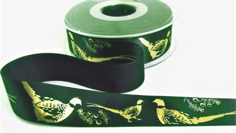 R9693 25mm Black-Gold Metallic Pheasant Printed Satin Ribbon,Berisfords