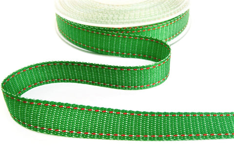 R9713 15mm Green-White-Red Soft Denim Retro Stitch Ribbon, Berisfords