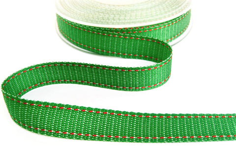 R9713 15mm Green-White-Red Soft Denim Retro Stitch Ribbon, Berisfords